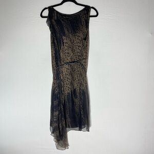 Leon Max Limited Edition Abstract Print Black Brown Silk Dress W Belt L